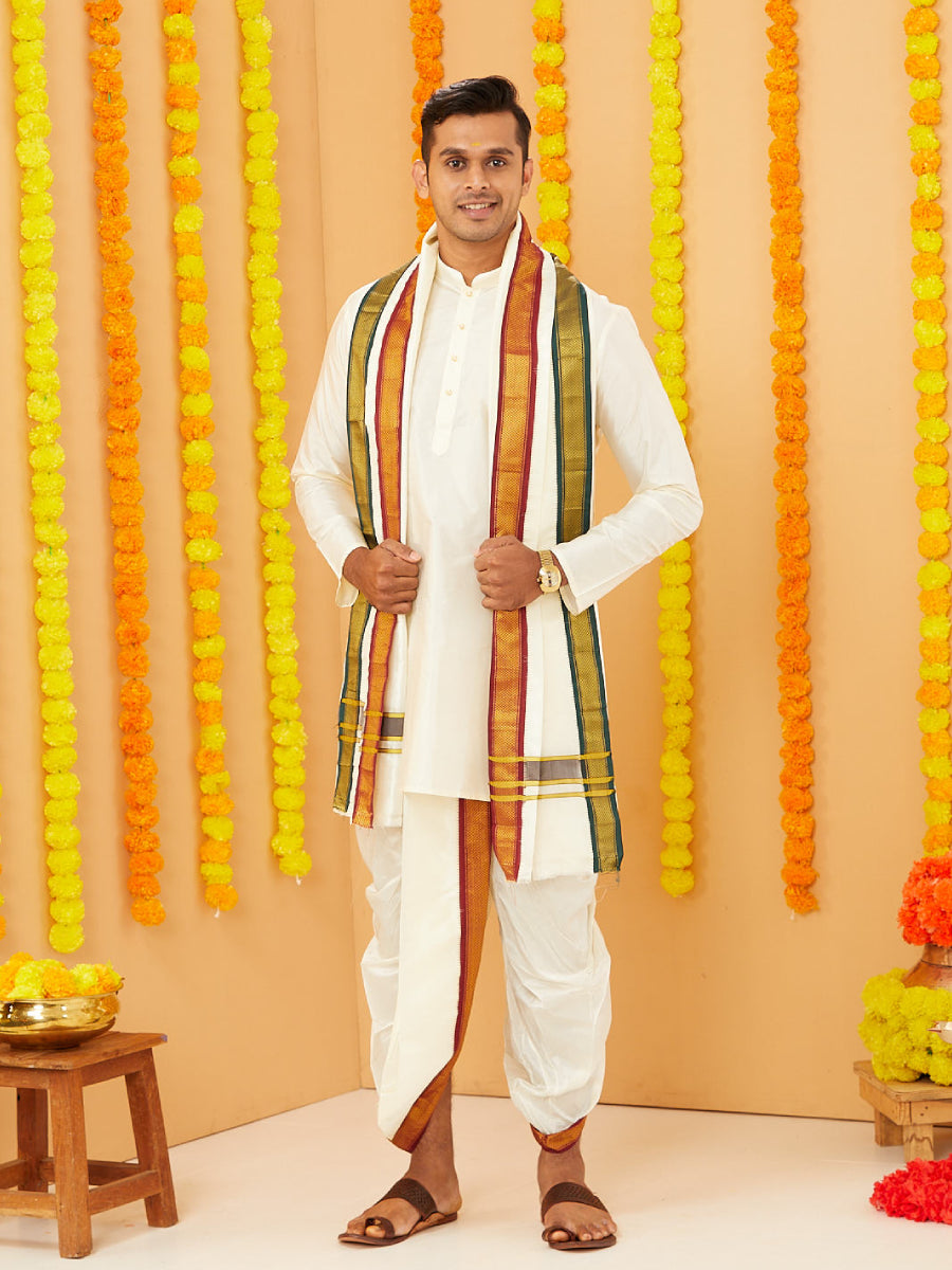 Men Pure Silk Cream Mayilkhan Border Panchakacham & Towel Set (9+5) Thirukalyan 5K