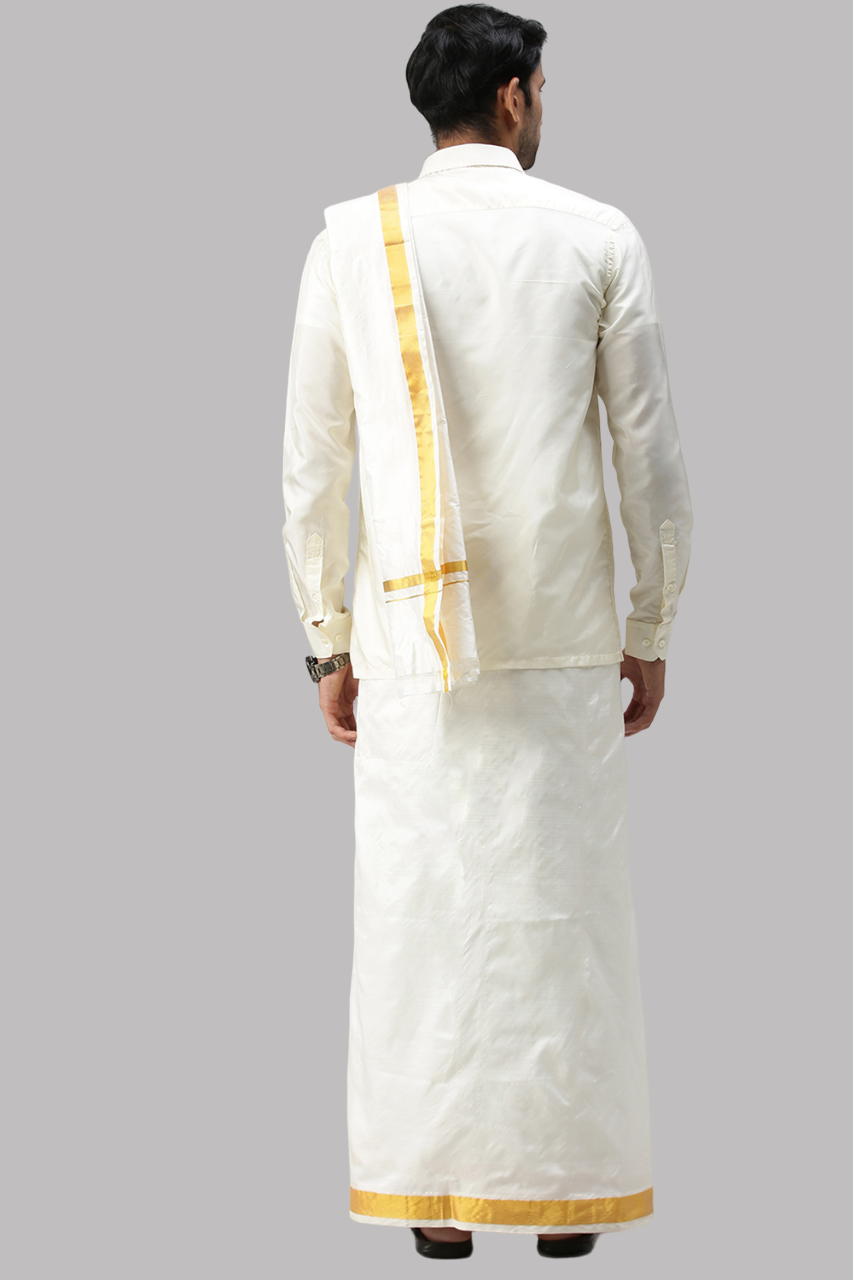 Mens Cream Art Silk Full Sleeves Shirt, Double Dhoti+Towel with Belt Combo-Back view