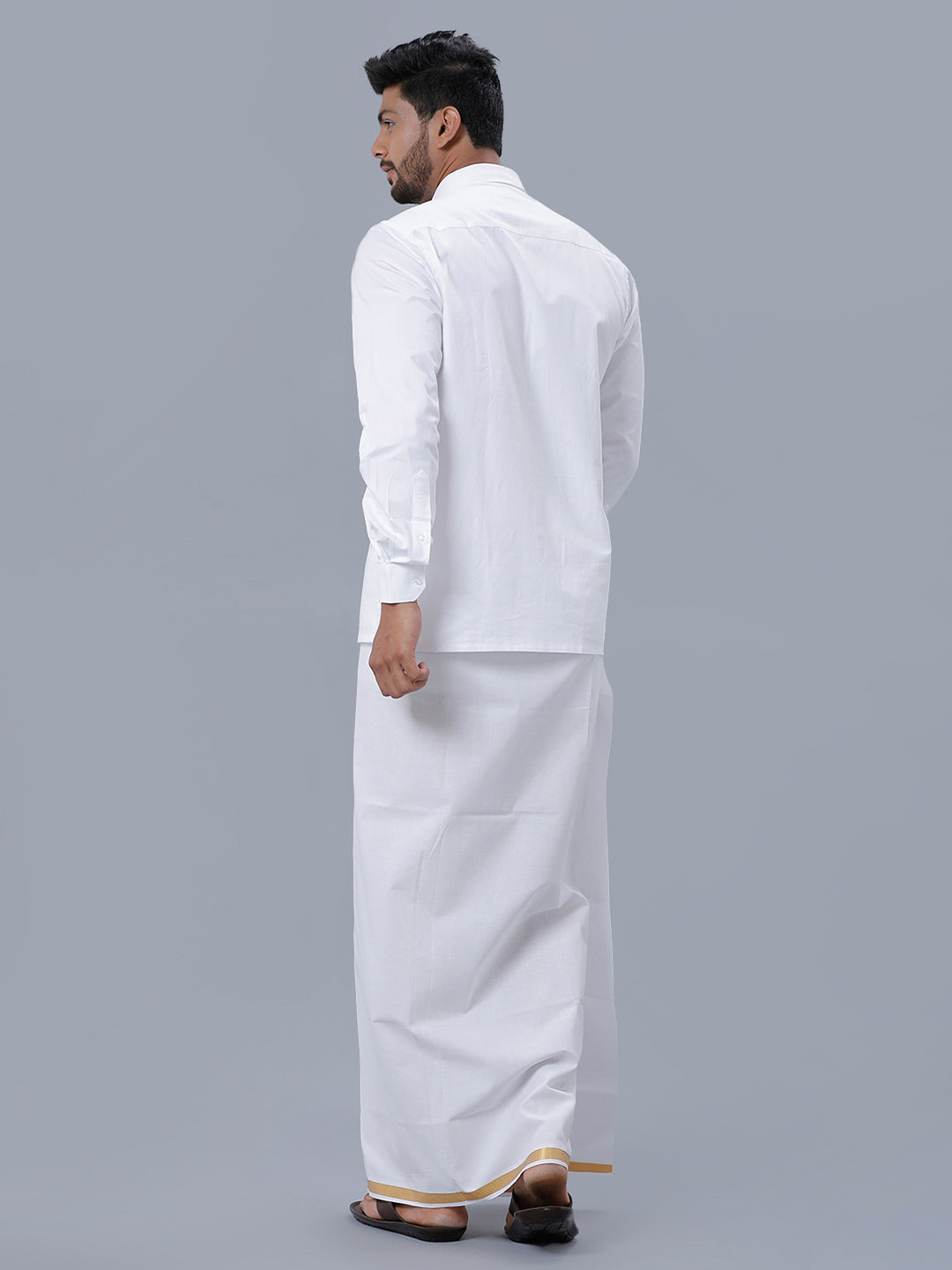 Mens Wrinkle Free White Full Sleeves Shirt with 3/4'' Gold Jari Single Dhoti Combo-Back view