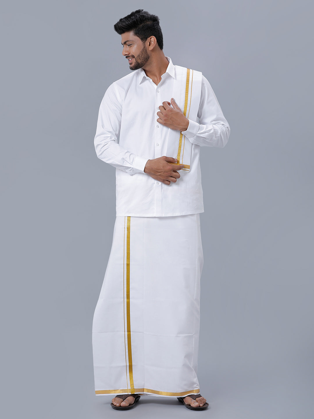 Mens Wrinkle Free White Full Sleeves Shirt, Double Dhoti, Towel & Belt Combo