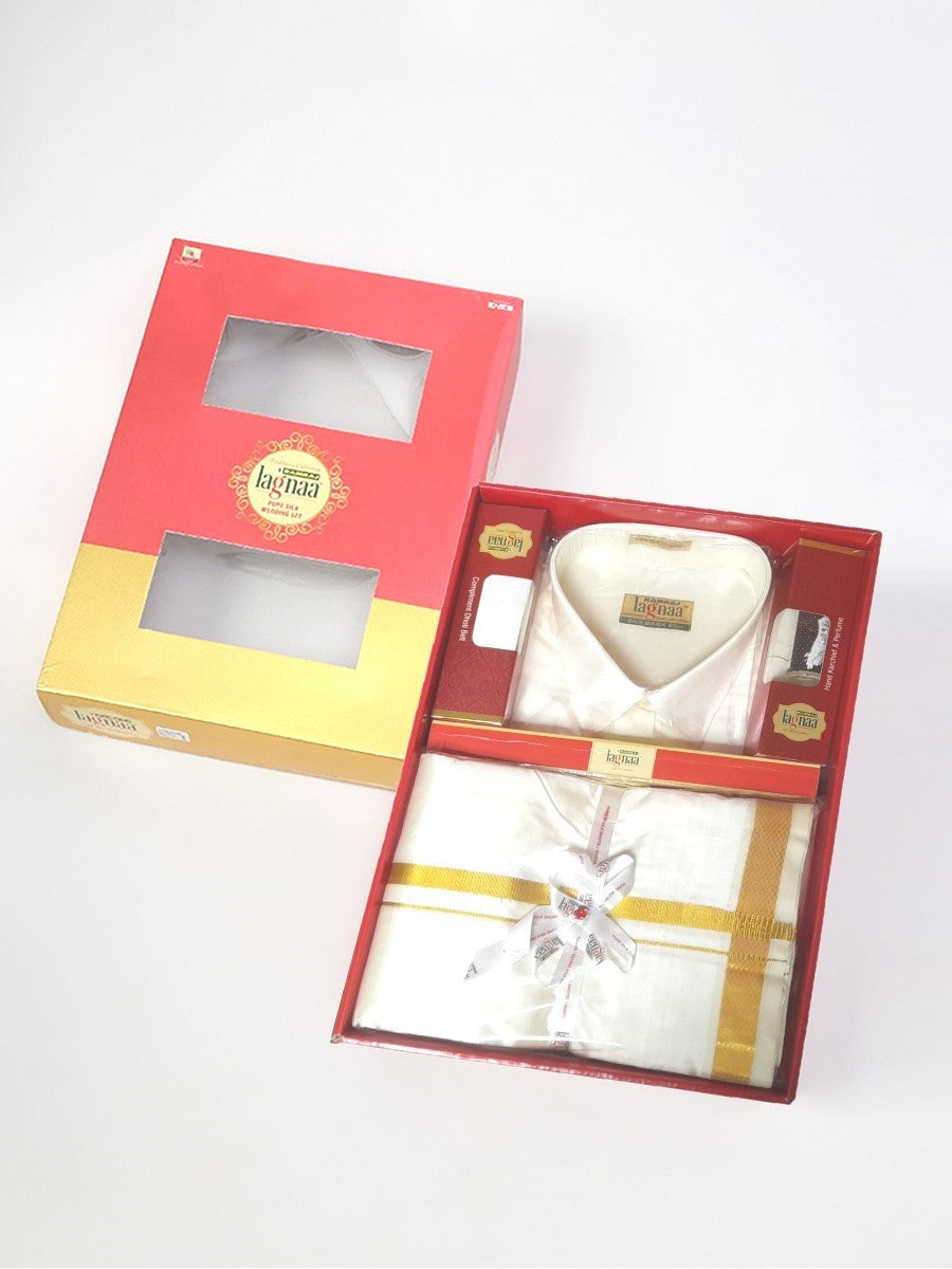 Mens Pure Silk Cream Wedding Set 3/4" Dhoti+Towel+Shirt-Box view