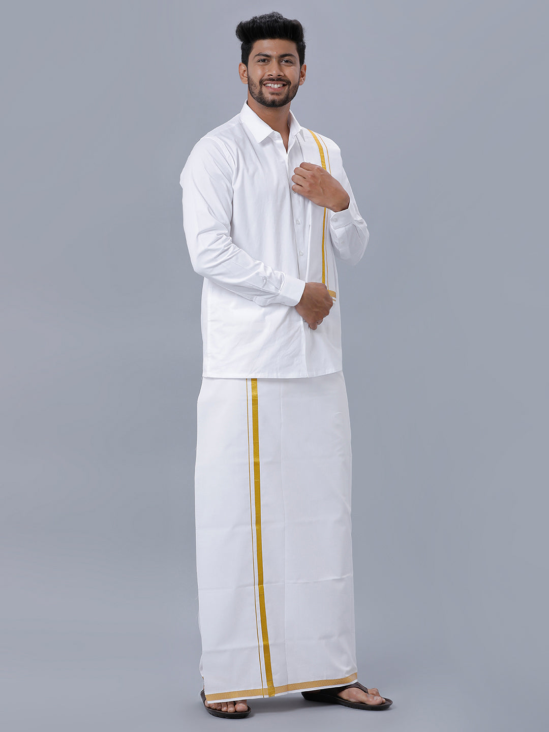 Mens 100% Cotton White Full Sleeves Shirt with 3/4''Jari Double Dhoti+Towel Combo