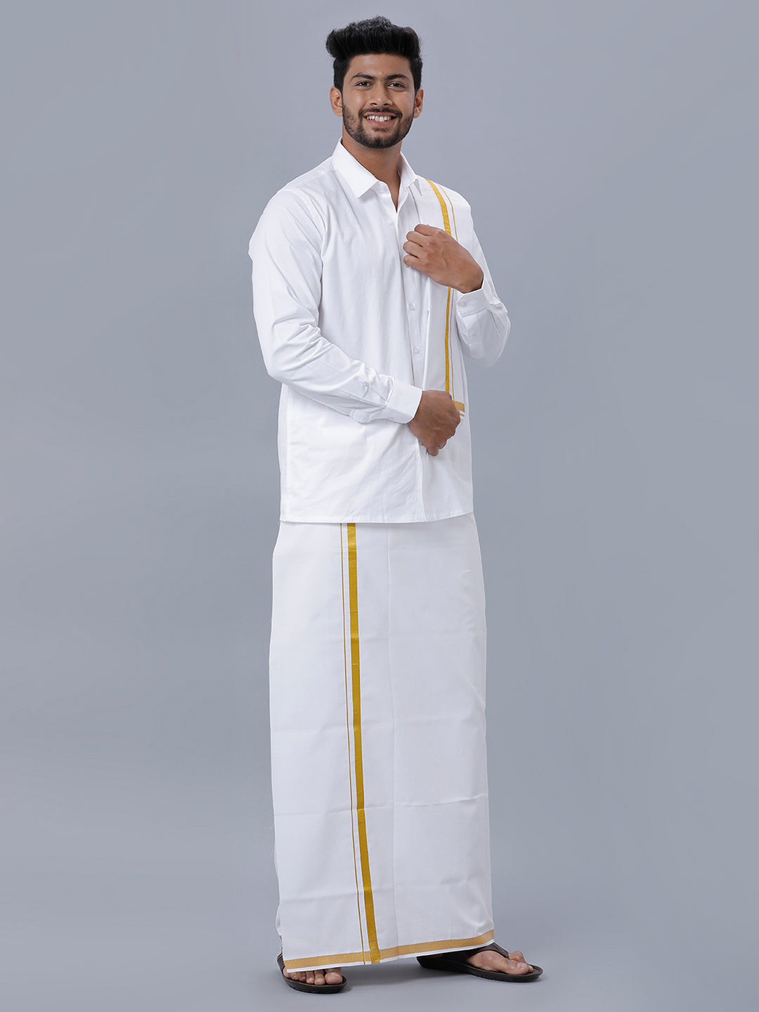 Mens 100% Cotton White Full Sleeves Shirt, Double Dhoti, Towel & Belt Combo