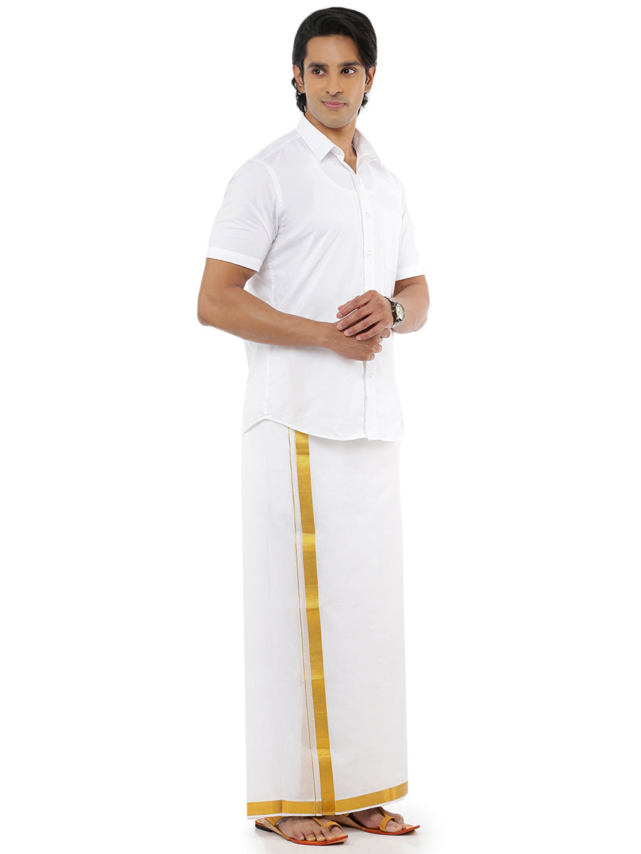 Mens Double Dhoti White with Gold Jari 3/4" Ponman-Full view