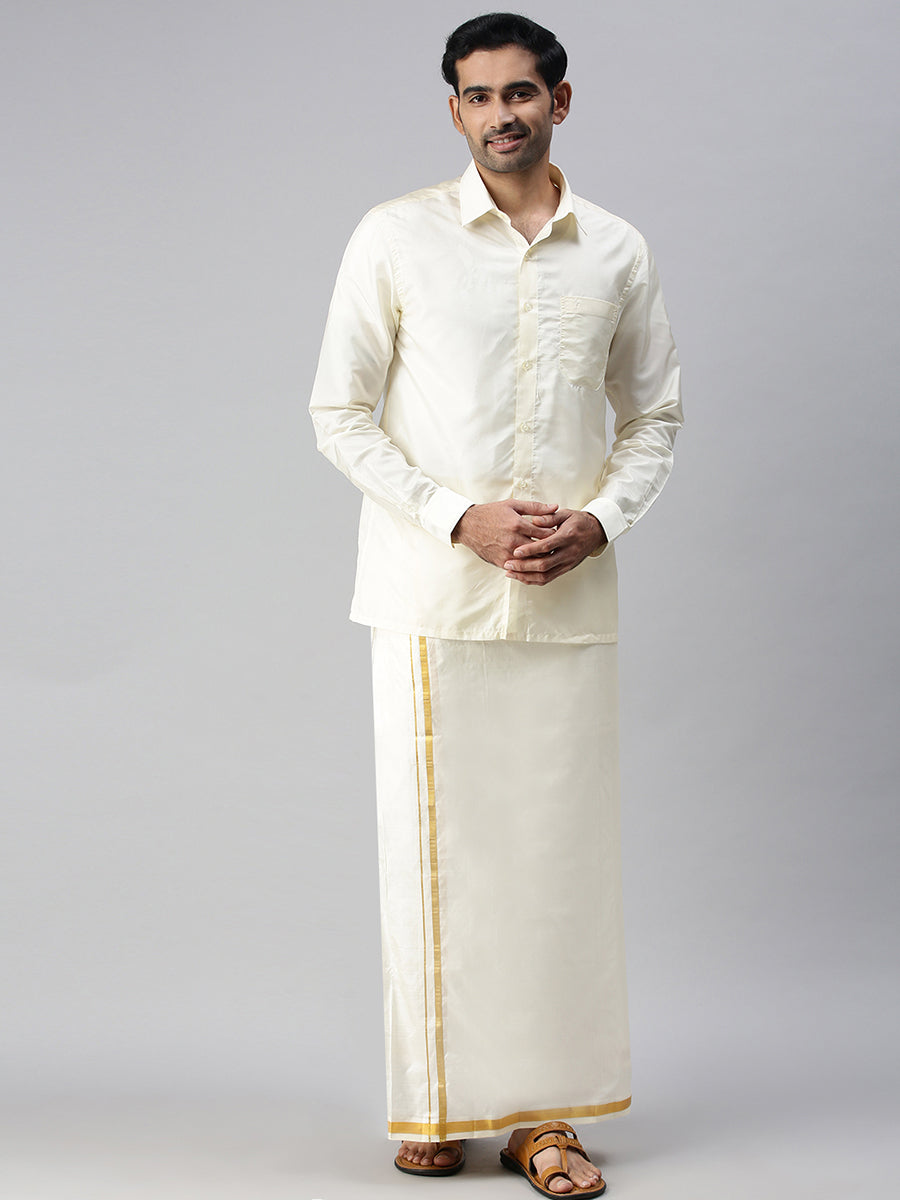 Mens Pure Silk Cream 1/2" Dhoti & Shirt Bit Purna Mithra