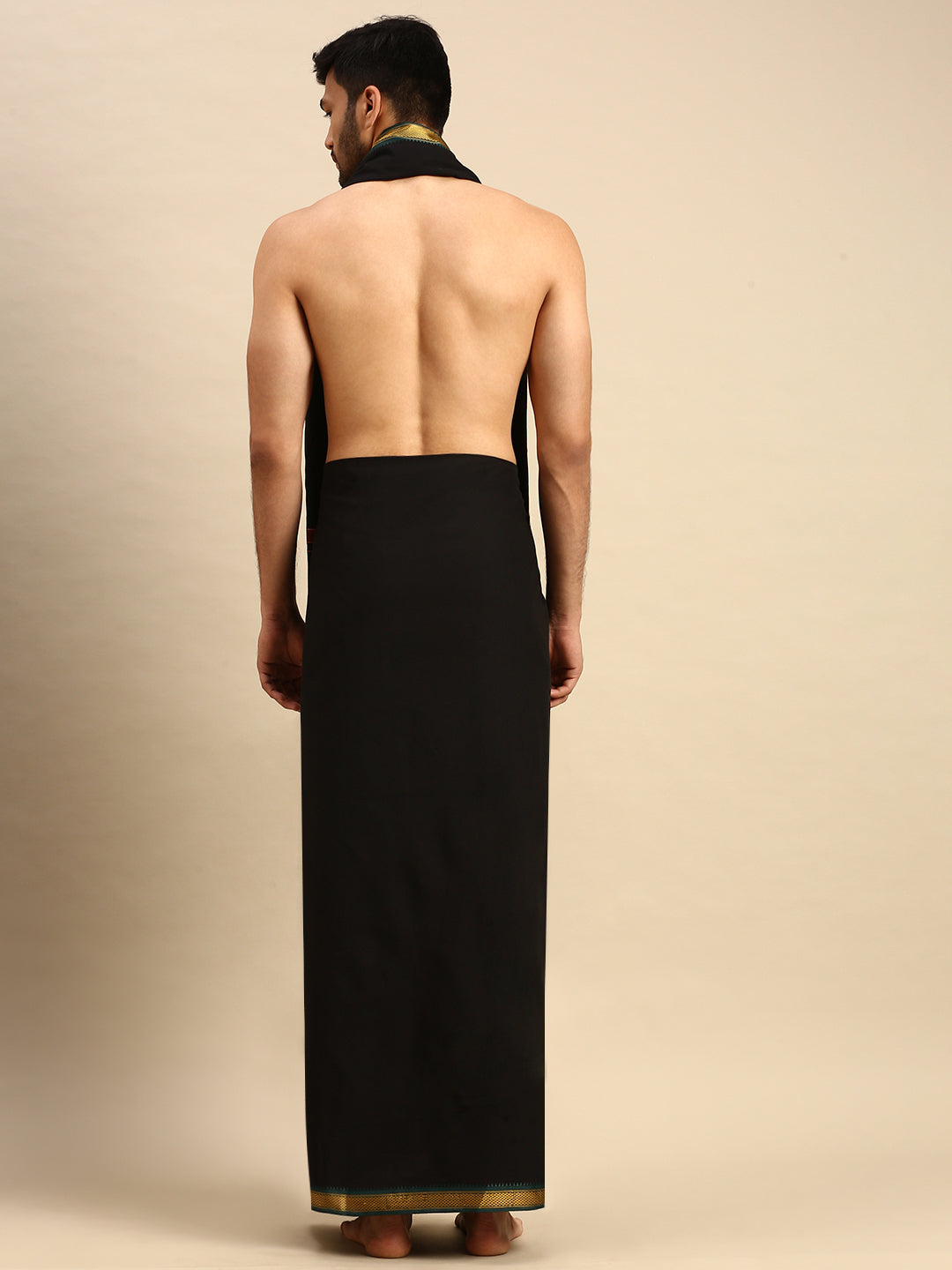 Men 100% Cotton Single Layer Black Dhoti & Towel Set with Mayilkhan Border Brindhavan