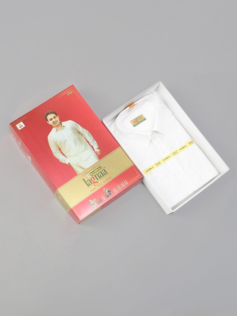 Mens Pure Silk White Shirt Full Sleeves Silk Mark-Box view