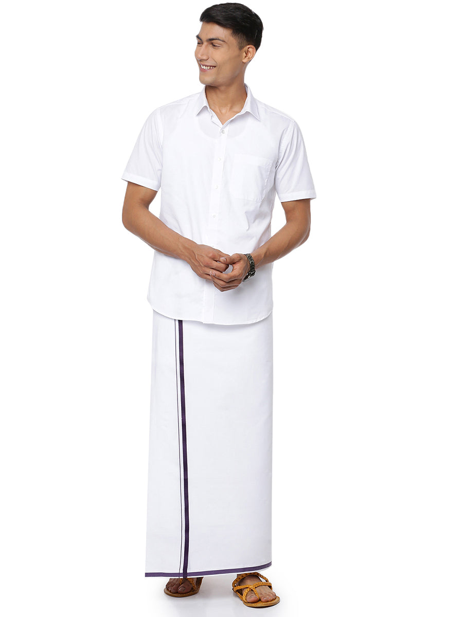 Mens 100% Cotton White Double Dhoti with Big Border Citizen Navy-Full view