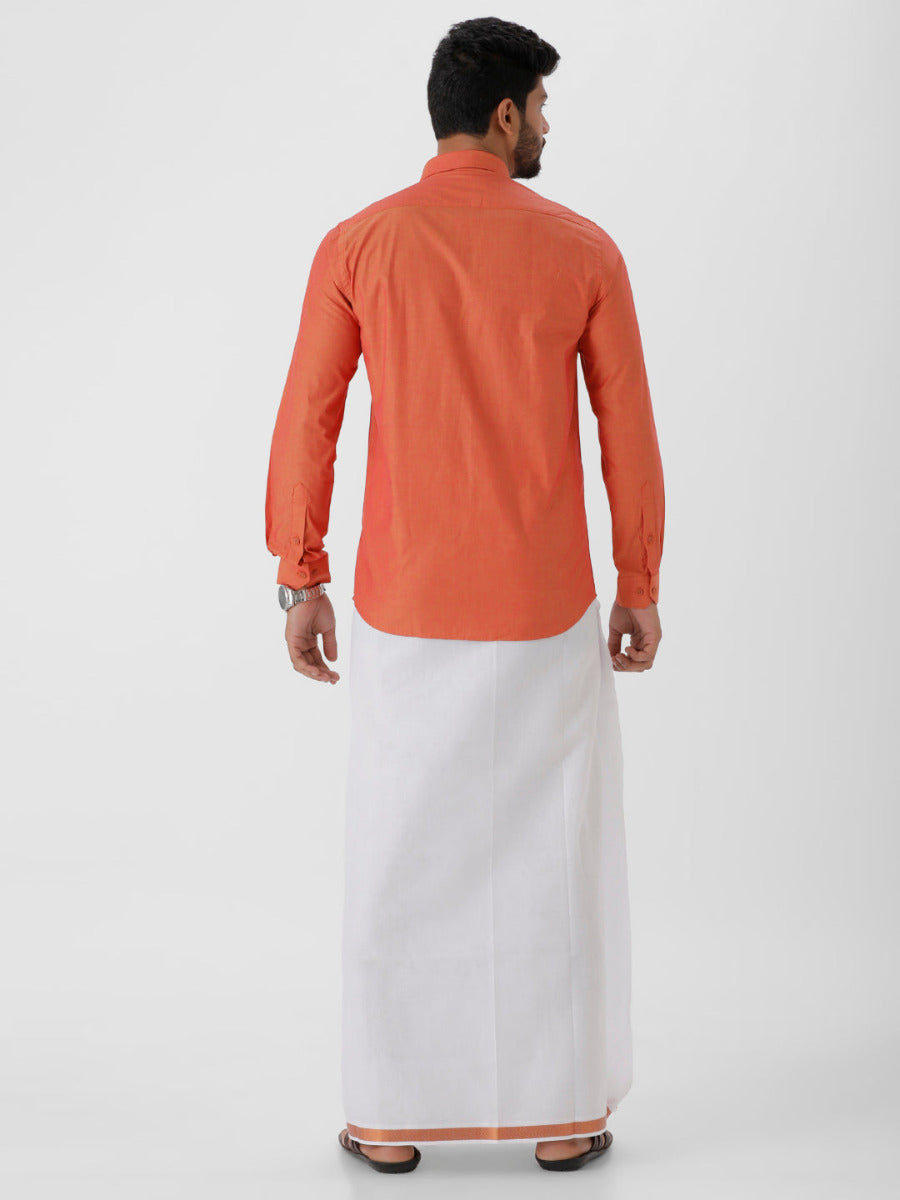 Mens Cotton Copper Colour Full Sleeves Shirt & Double Dhoti with Copper Jari Combo-Back view