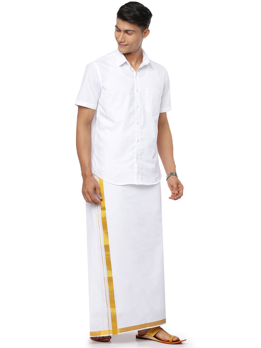 Mens Double Dhoti White with Gold Jari Cherry 3/4"-Front view