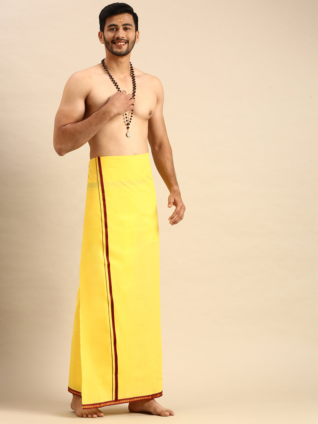 Mens Color Dhoti with Big Border Mercury Yellow-Side view