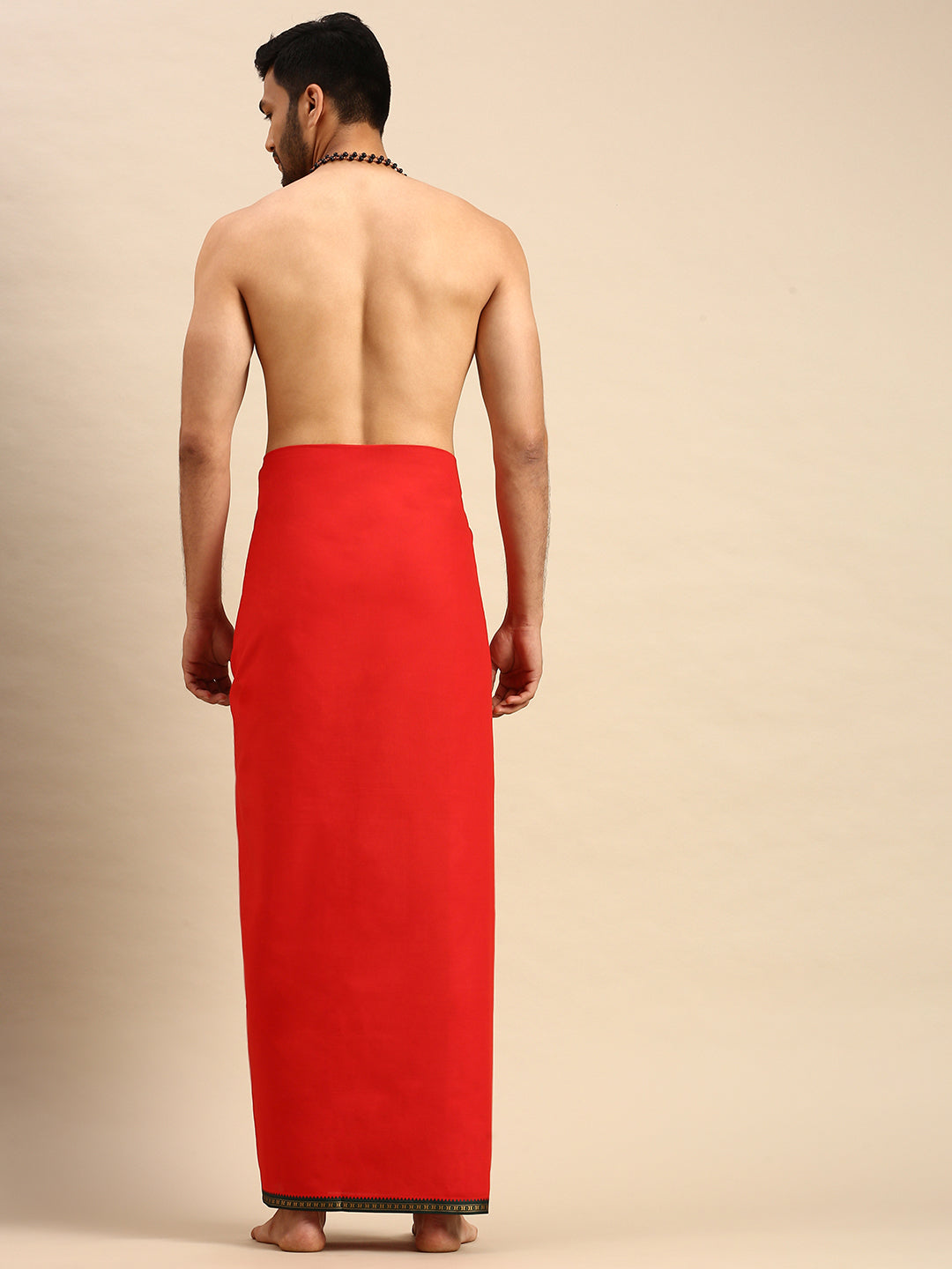 Mens Color Dhoti with Big Border Mercury Red-Back view