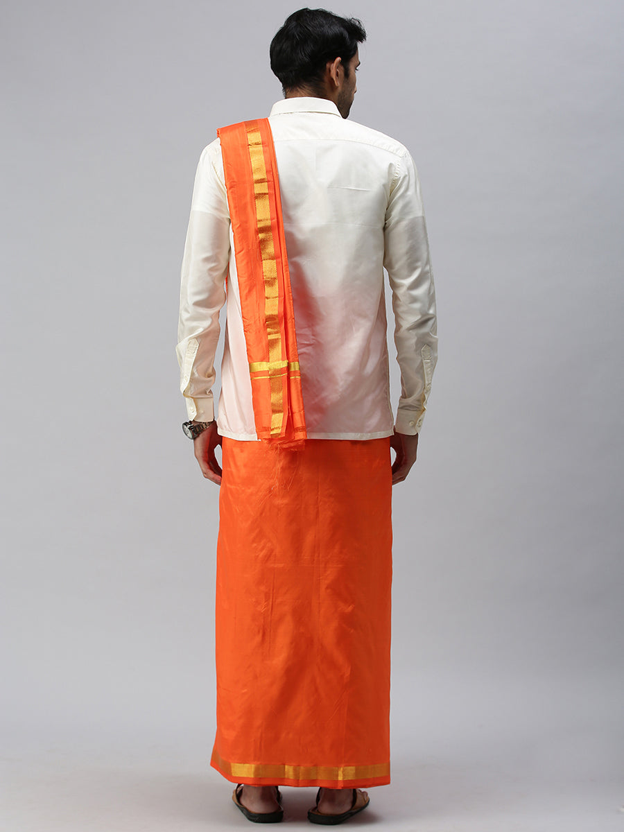Mens Pure Silk 1" Double Dhoti & Towel Thirukalyan Orange-Back view