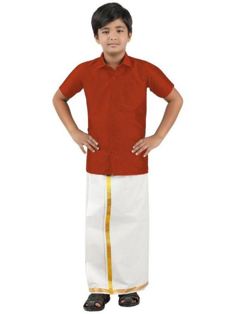 Boys Silk Cotton Shirt with Dhoti Set Brick