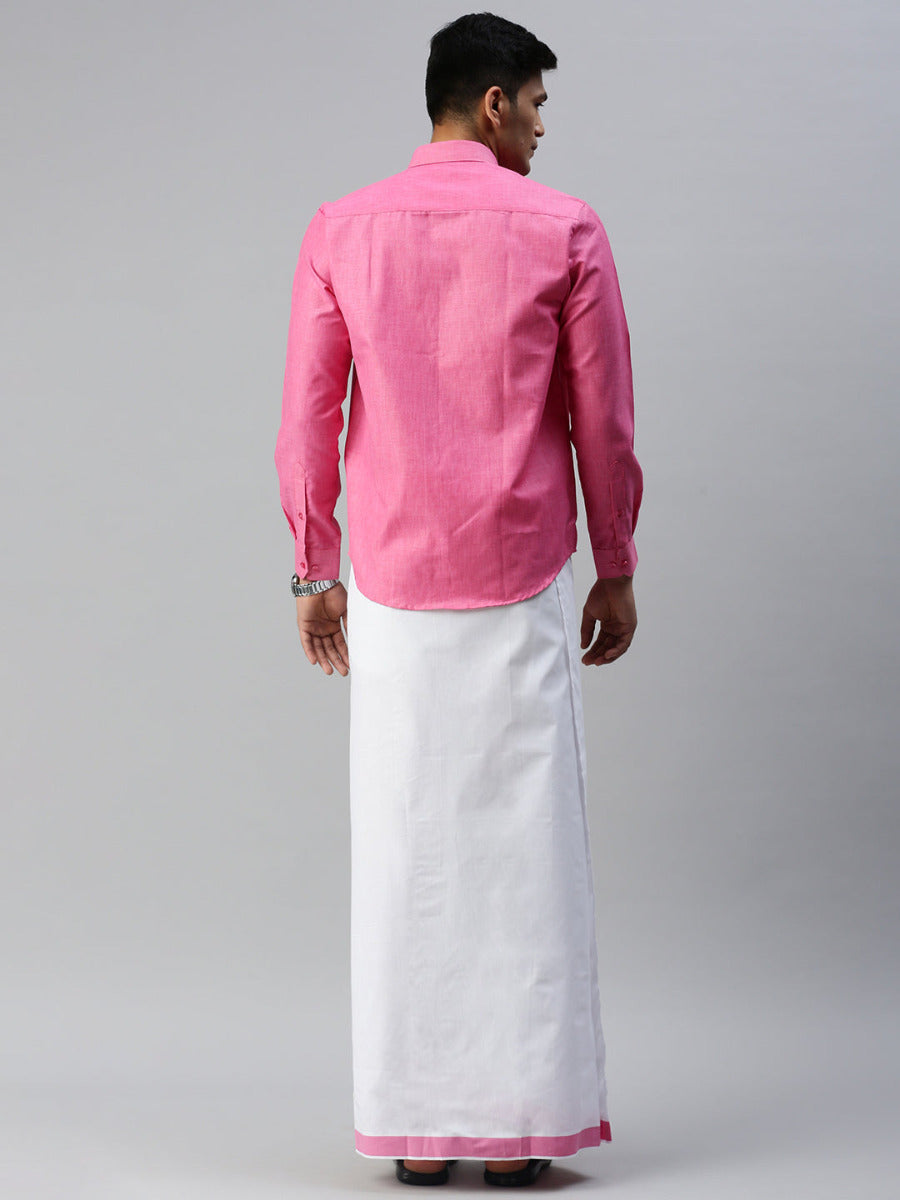 Mens Matching Border Adjustable Dhoti & Full Sleeves Shirt Set Pink CC10-Back view