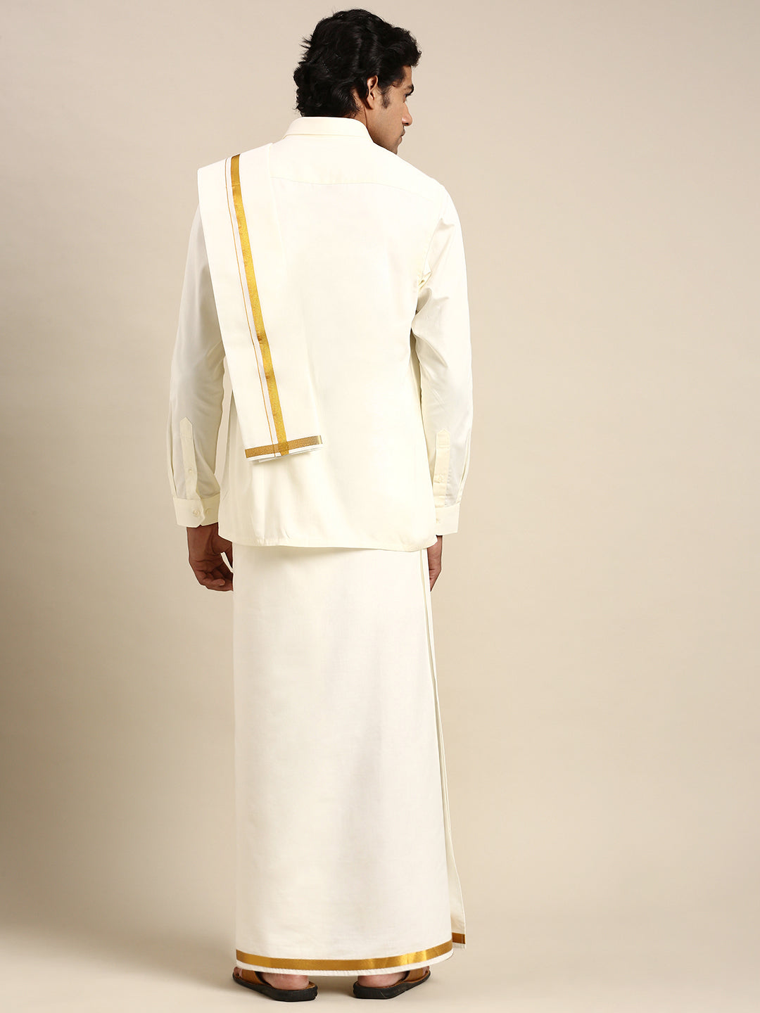 Mens Cream Full Sleeves Shirt 1" Gold Jari Adjustable Double Dhoti+Towel Combo-Back view