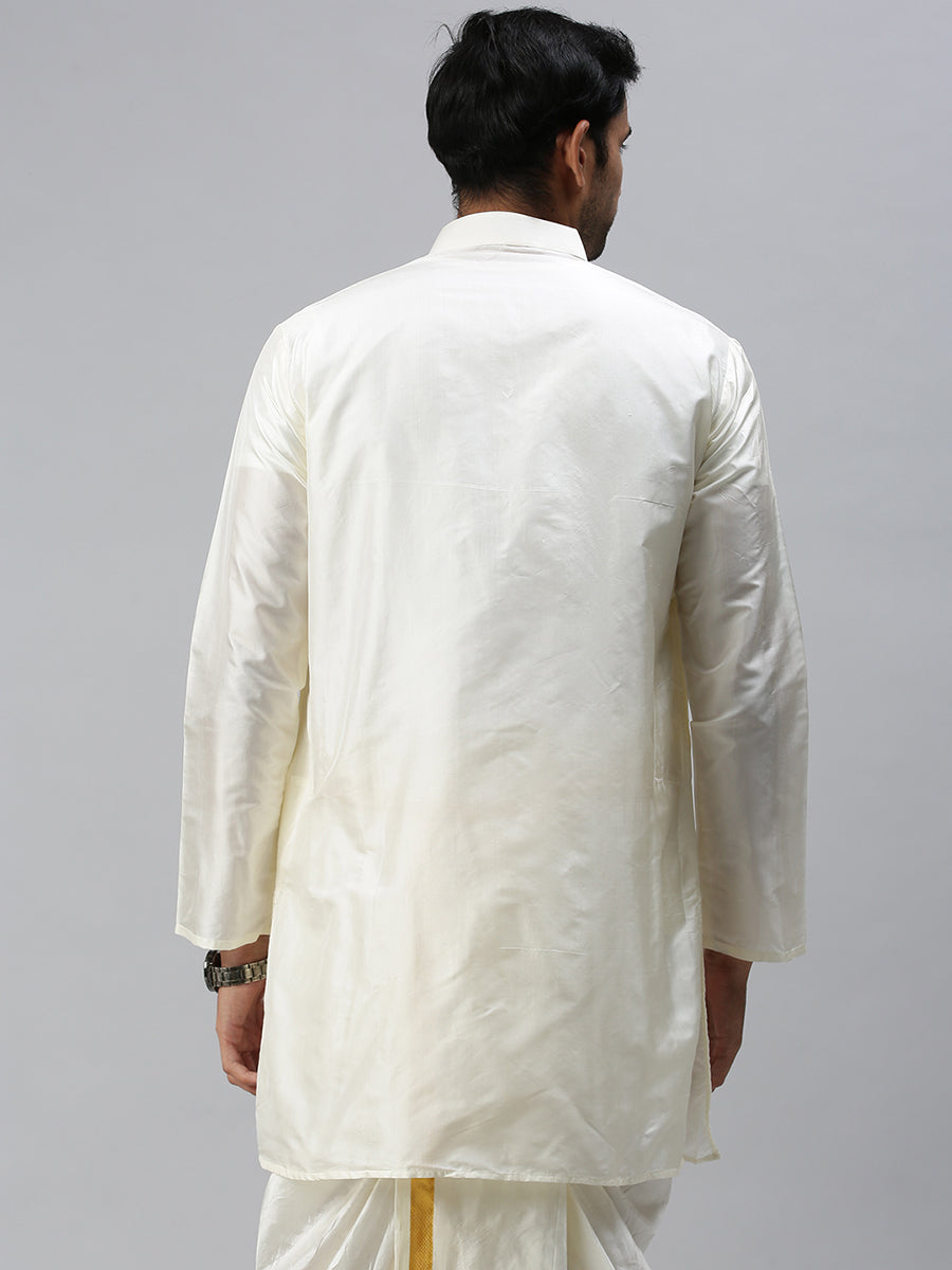 Mens Pure Silk Medium Length Cream Kurta-Back view