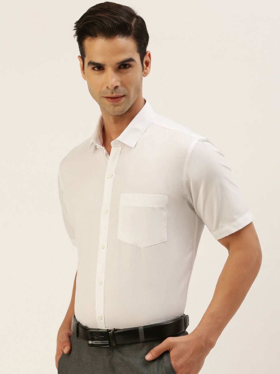 Mens Smart Fit 100% Cotton White Shirt Half Sleeves First Look -Side view