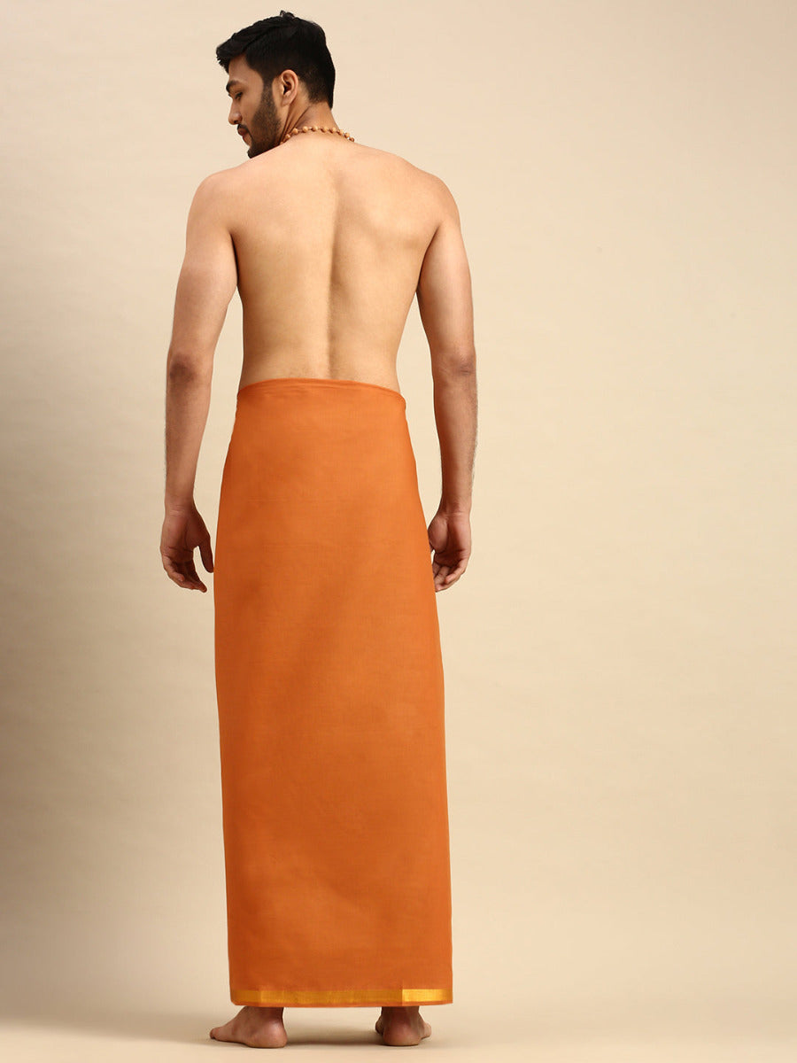 Mens Devotional Color Dhoti with 3/4" Gold Jari Border Cosmic Kavi-Back view