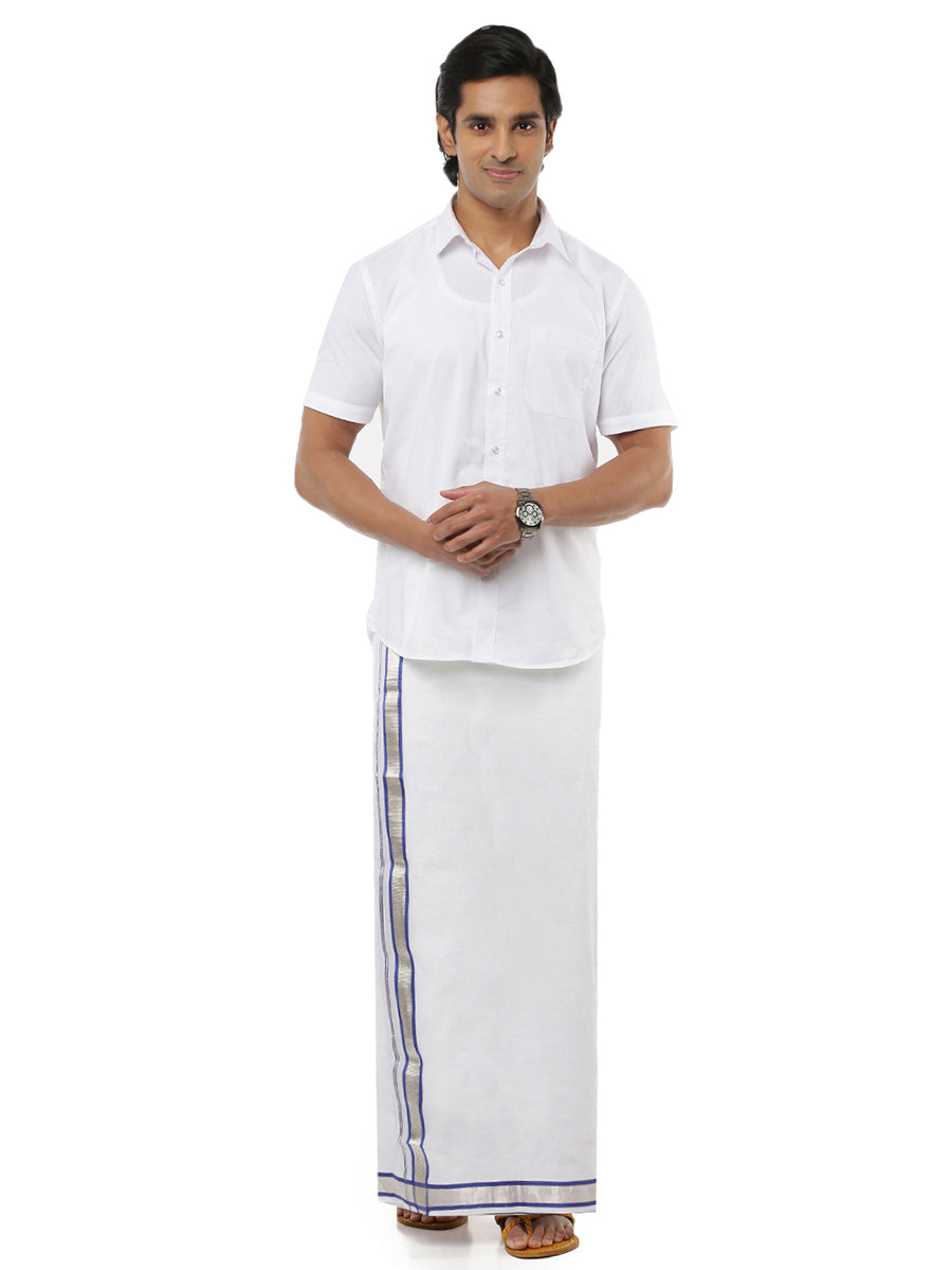 Men Double Layer Dhoti White with Fancy Border Silver Cotton 5051 Blue Silver