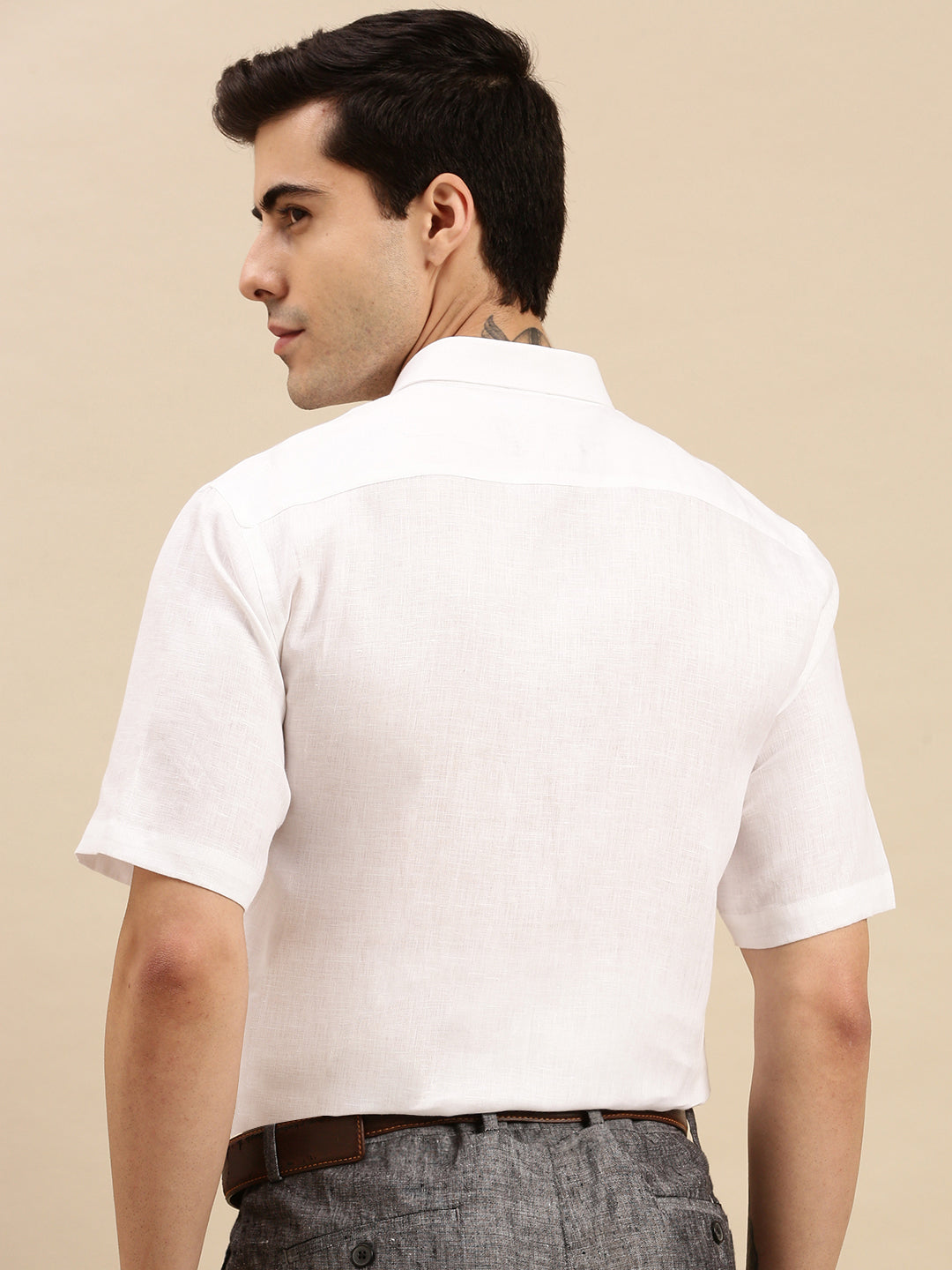 Mens Smart Fit Cotton White Shirt Half Sleeves Challenge -Back view