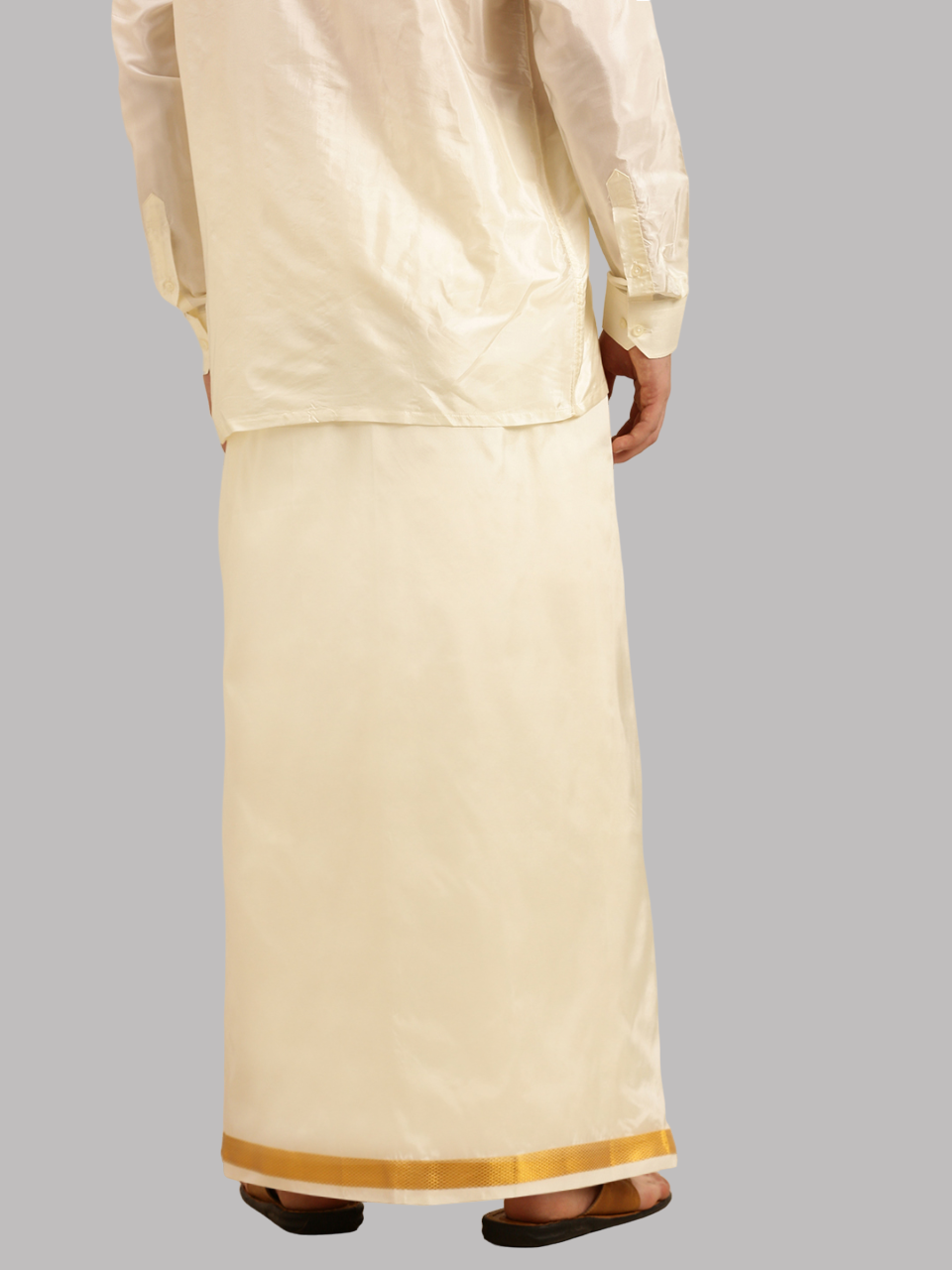 Mens Cream Full Sleeves Shirt with Adjustable Double Dhoti Art Silk Combo-Back view