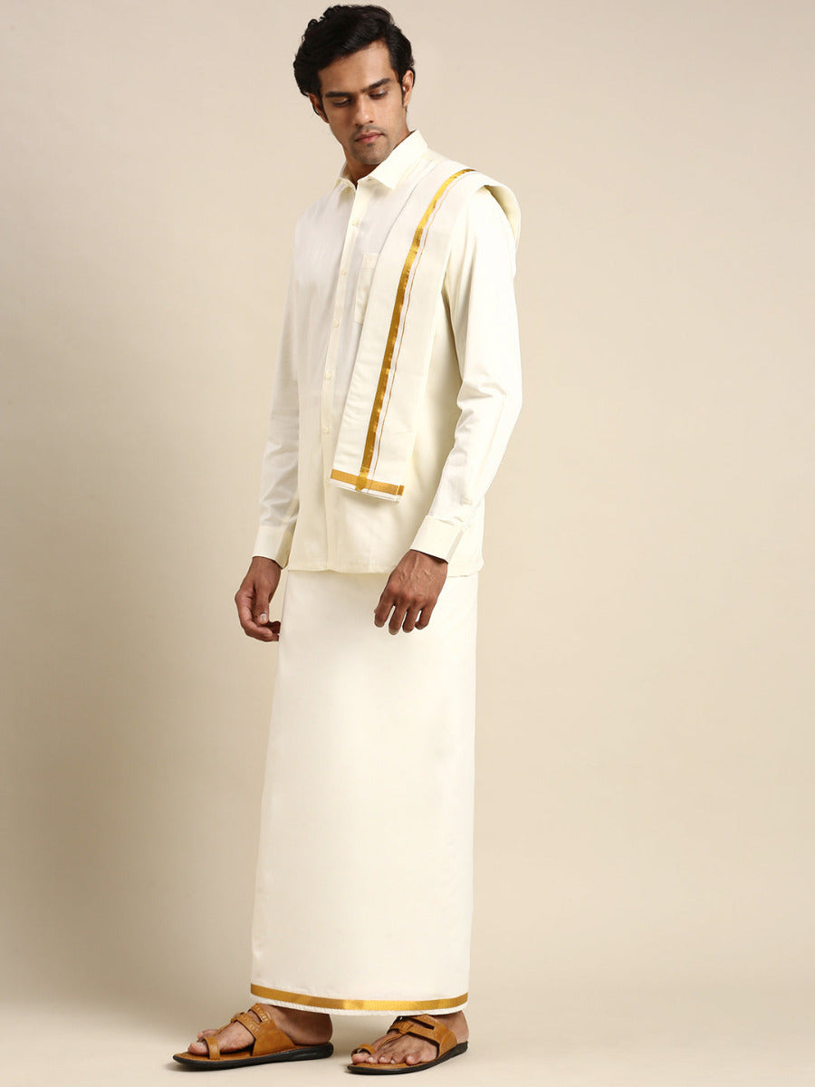 Mens Wedding Cream Regular Dhoti, Shirt & Towel Set Subhakalyan 3/4"-Side view