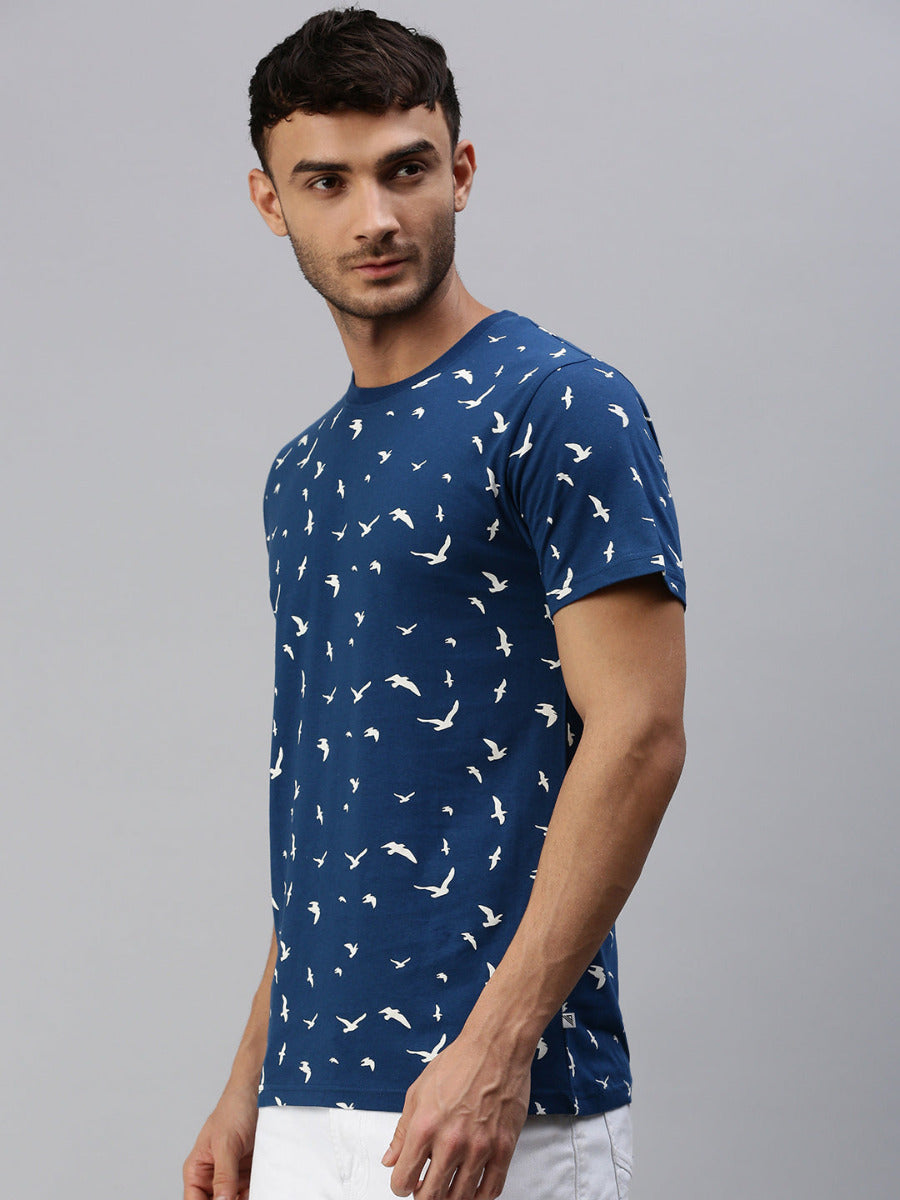 Graphic Printed Round Neck Casual T-Shirt Navy GT31-Side view