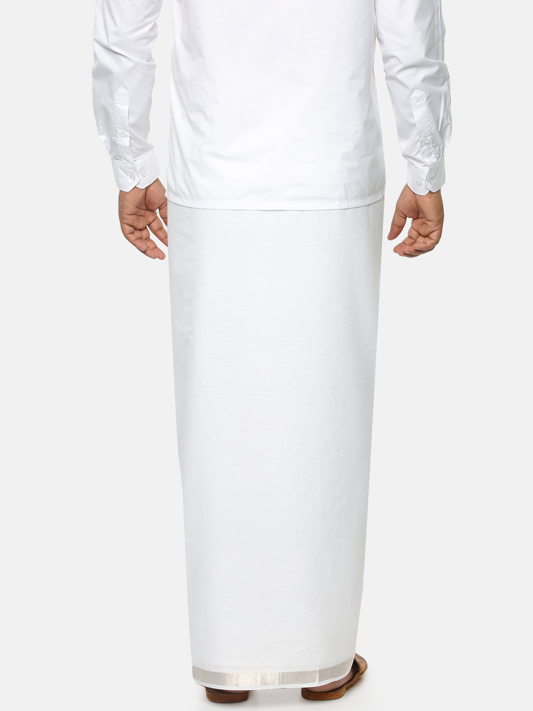 Mens Double Dhoti with Jari 1" Border Silver Cotton-Back view