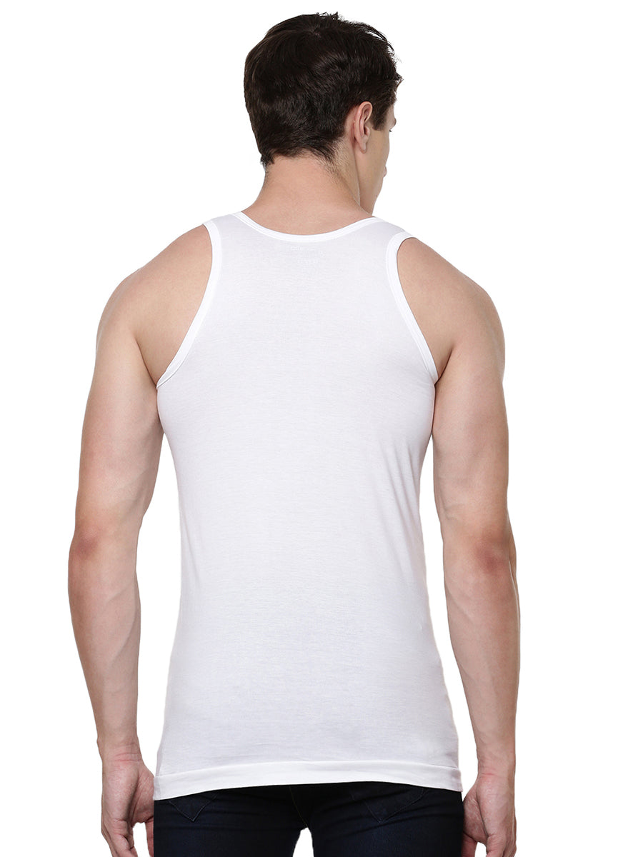 Mens Fine Cotton White Banian RN Romex Value Pack-Back view