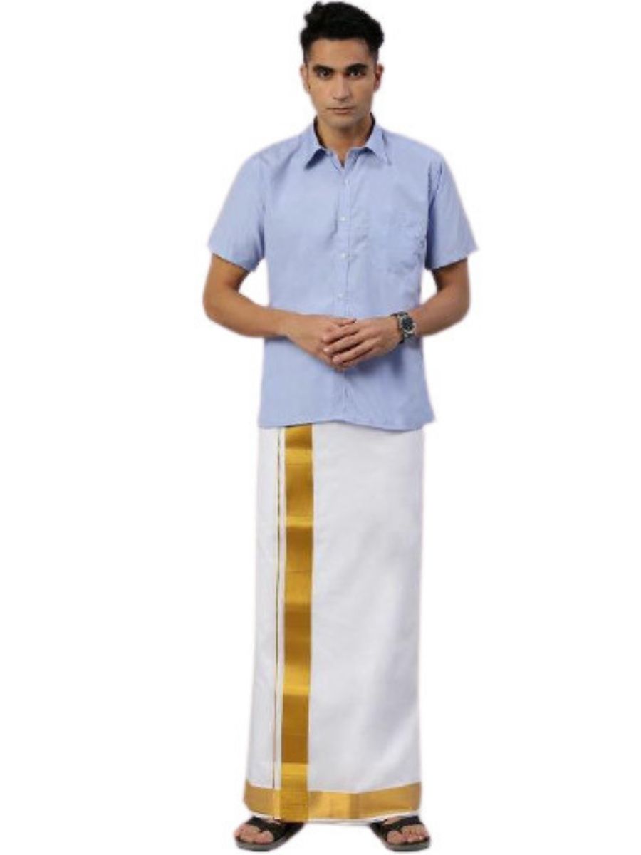 Mens Double Dhoti White with Gold Jari 2 1/2" Kaviyam-Front view