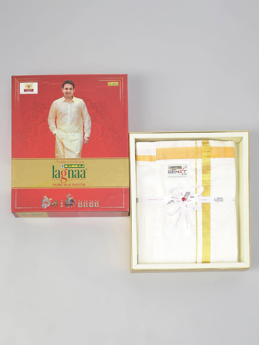 Mens Readymade Pure Silk Cream Dhoti + Towel Set 40K Genxt Silk Set-Box view