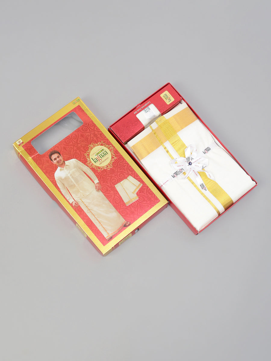 Mens Pure Silk Cream Double Dhoti with 1 1/2" Gold Jari Border Upasana-Box view