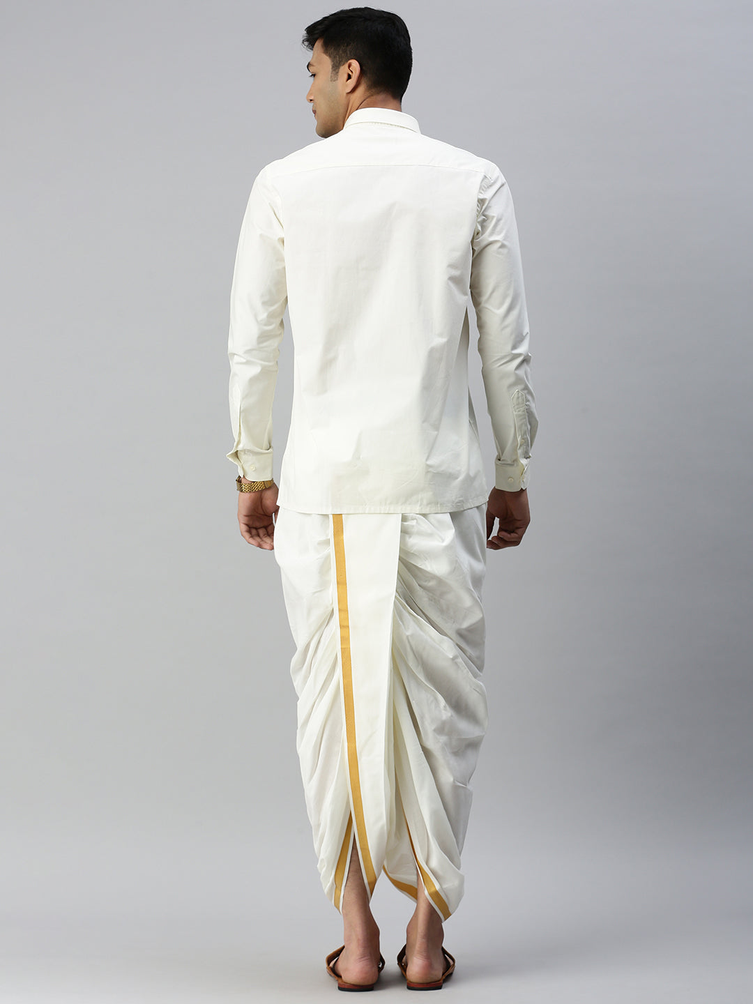 Mens Cream Shirt with Readymade Panchakacham Angavastram Set 3/4" Aashan-Back view