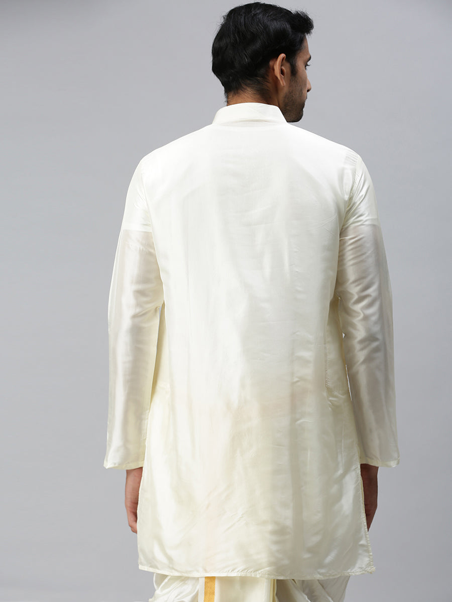Mens Silk Mixed Medium Length Cream Kurta-Back view