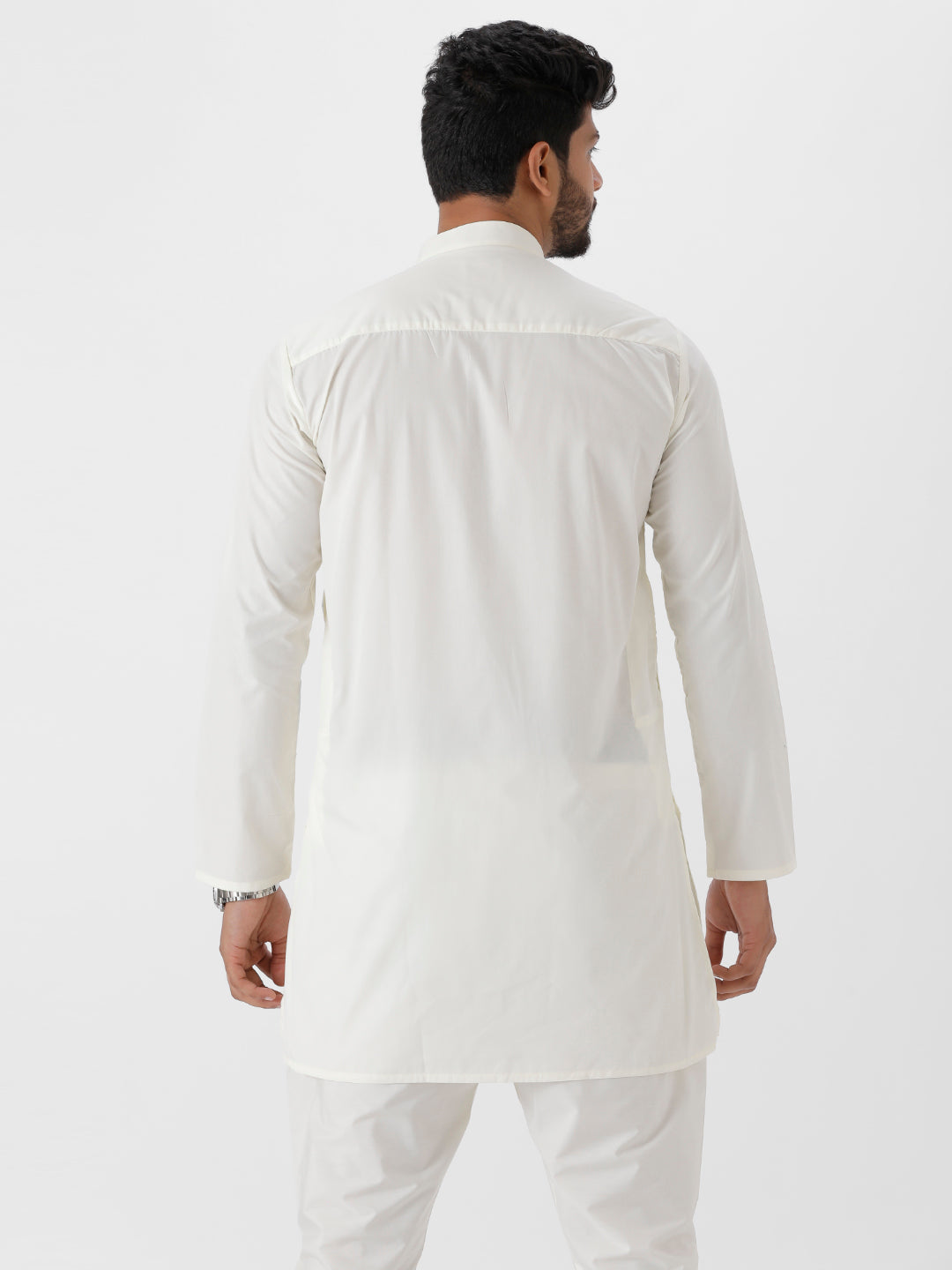 Mens Cream Colour Full Sleeve Medium Length Kurta-Back view