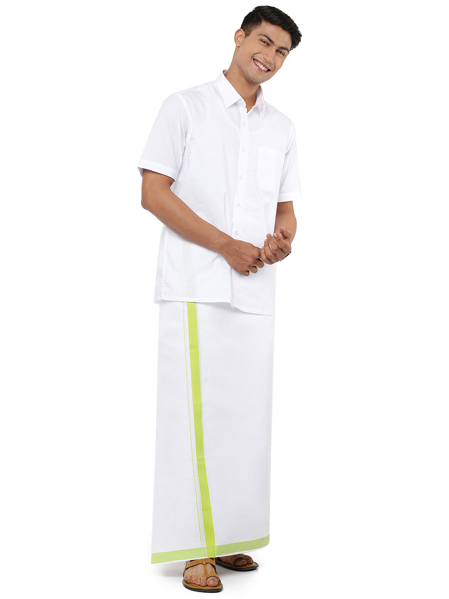 Mens Double Dhoti White with Fancy Border Redfort Special Green-Side view