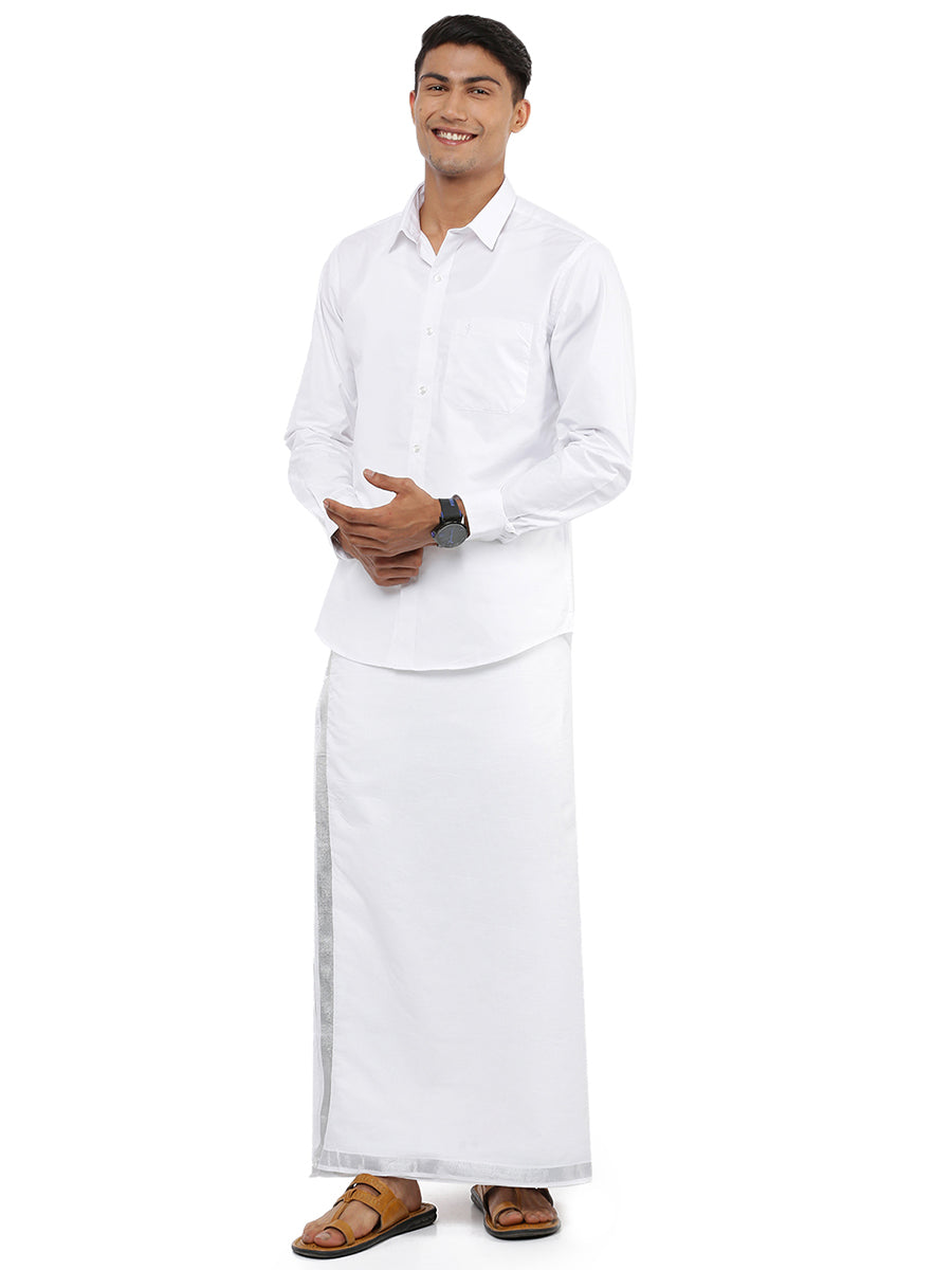 Mens Double Dhoti White with Silver Jari 3/4" Silver Heart-Front view