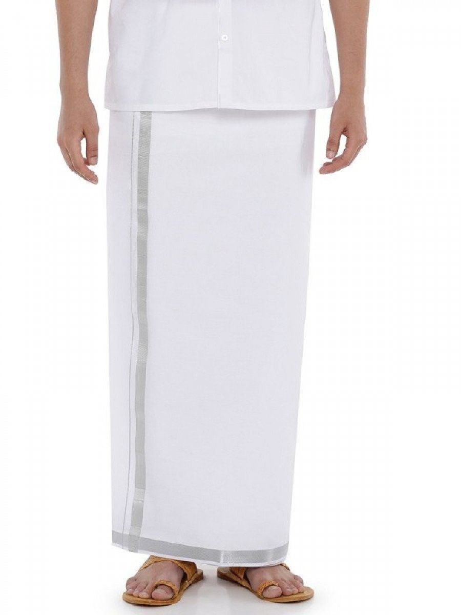 Mens Double Dhoti White with Silver Jari 3/4" Ivory