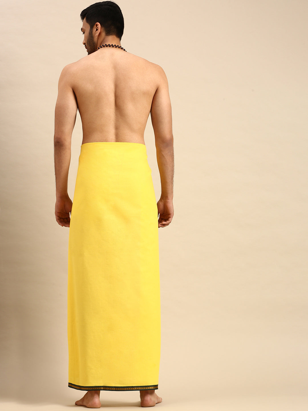 Mens Color Dhoti with Big Border Mercury Yellow-Back view