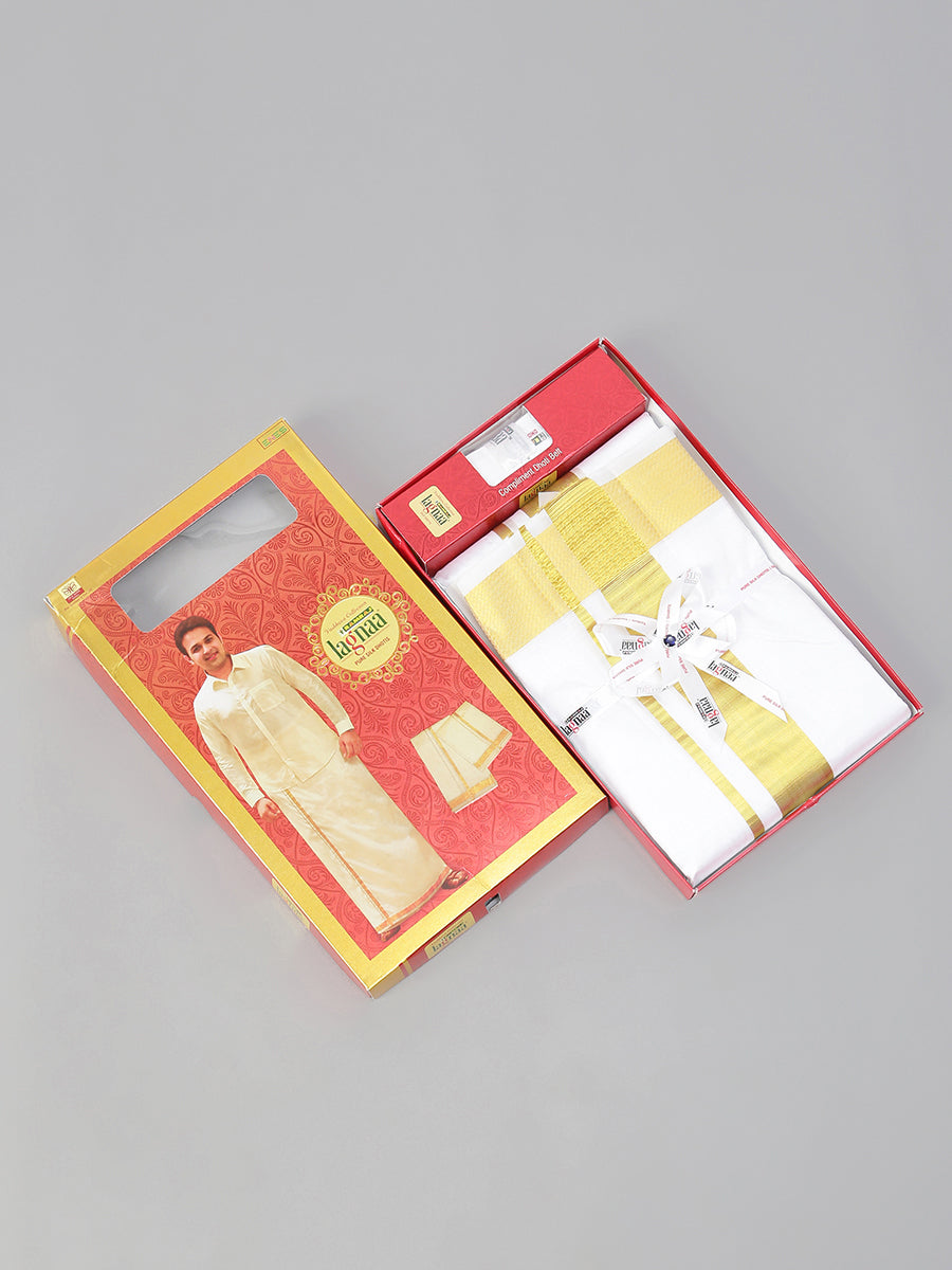 Mens Pure Silk White Double Dhoti with 2" Gold Jari Upasana-Box view