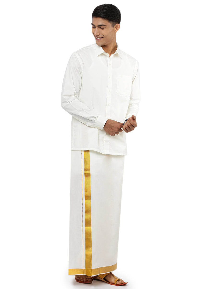 Mens Single Dhoti Cream With Gold Jari 1 1/2" Career (2 PCs Combo)-Full view