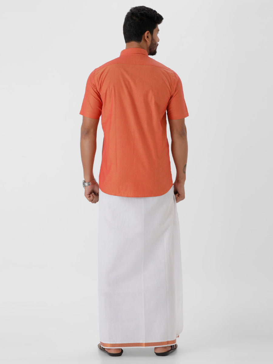 Mens Cotton Copper Colour Half Sleeves Shirt & Double Dhoti with Copper Jari Combo-Back view