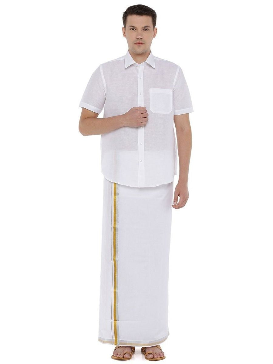 Mens Single Dhoti White with Jari 1" Silver Grand-Front view