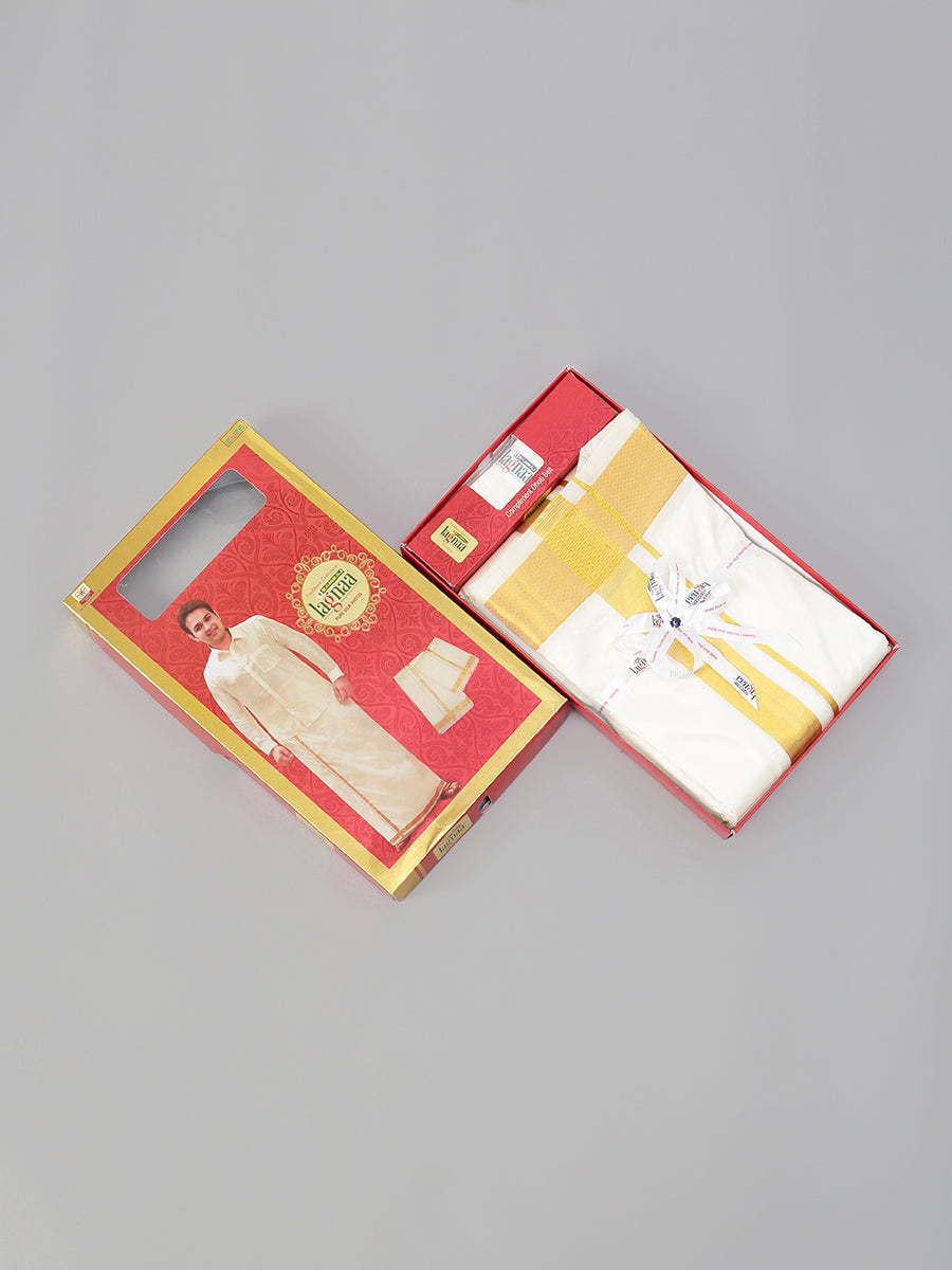 Mens Pure Silk Cream Double Dhoti with 2" Gold Jari Border Upasana-Box view