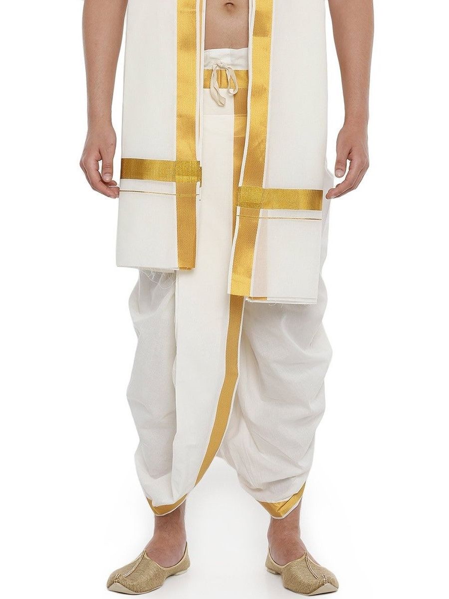Mens ReadyMade Panchakacham Dhoti with Angavasthram Cream Jari Border-Bottom view