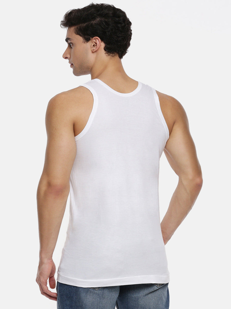 Mens Fine Cotton White Banian RN Rise Up (2 Pcs Pack)-Back view