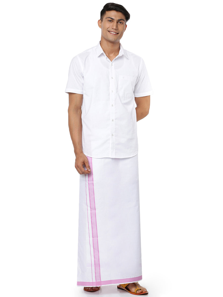 Mens Single Dhoti White with Fancy Border Holy Wind Pink-Front view