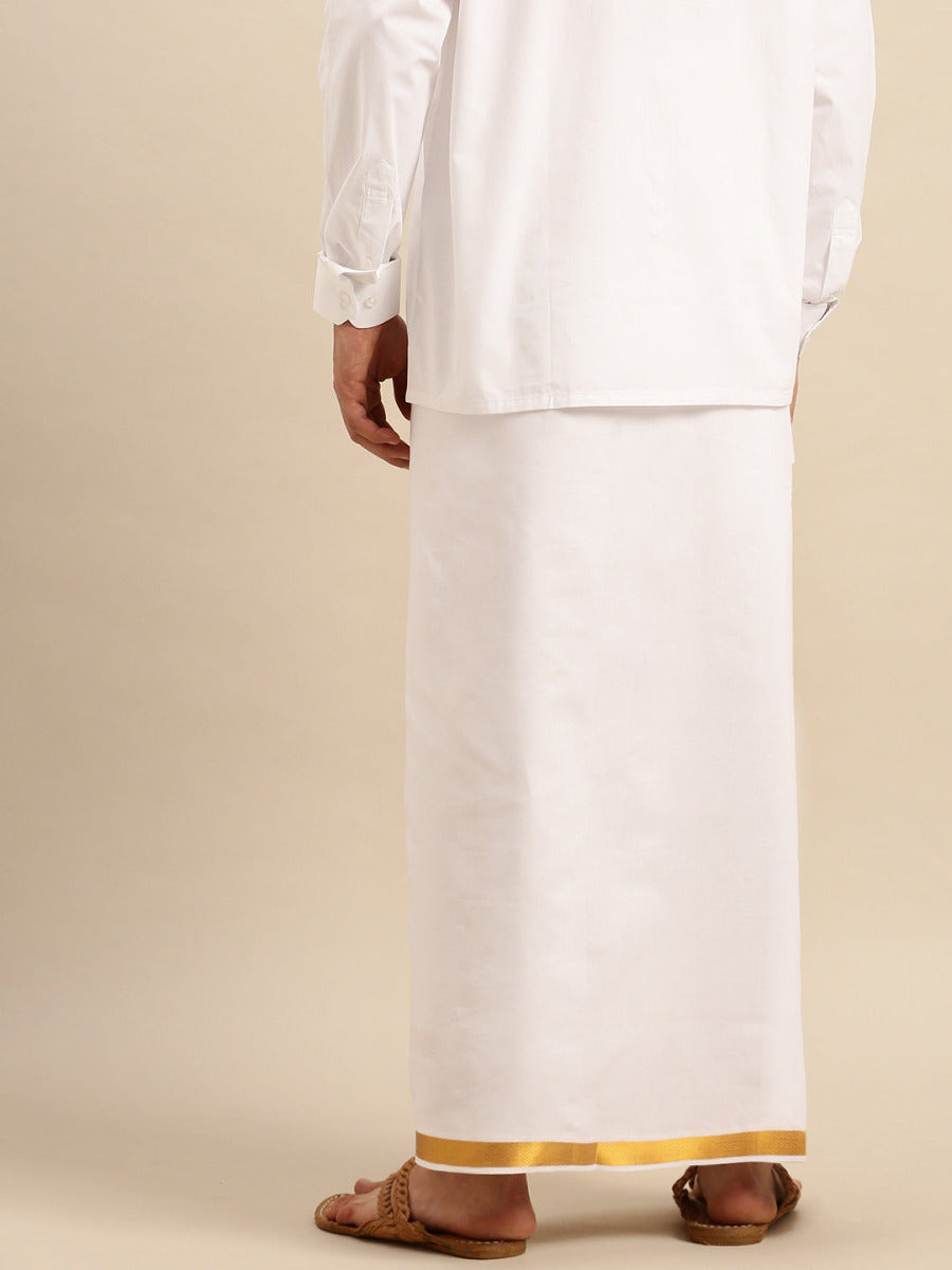 Mens Double Dhoti White with Gold Jari 1" Gold Rose-Back view
