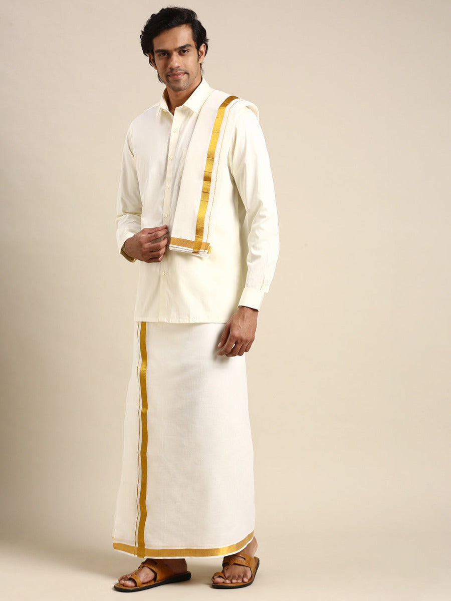 Mens Wedding Cream Regular Dhoti, Shirt & Towel Set Subhakalyan 1"-Side view